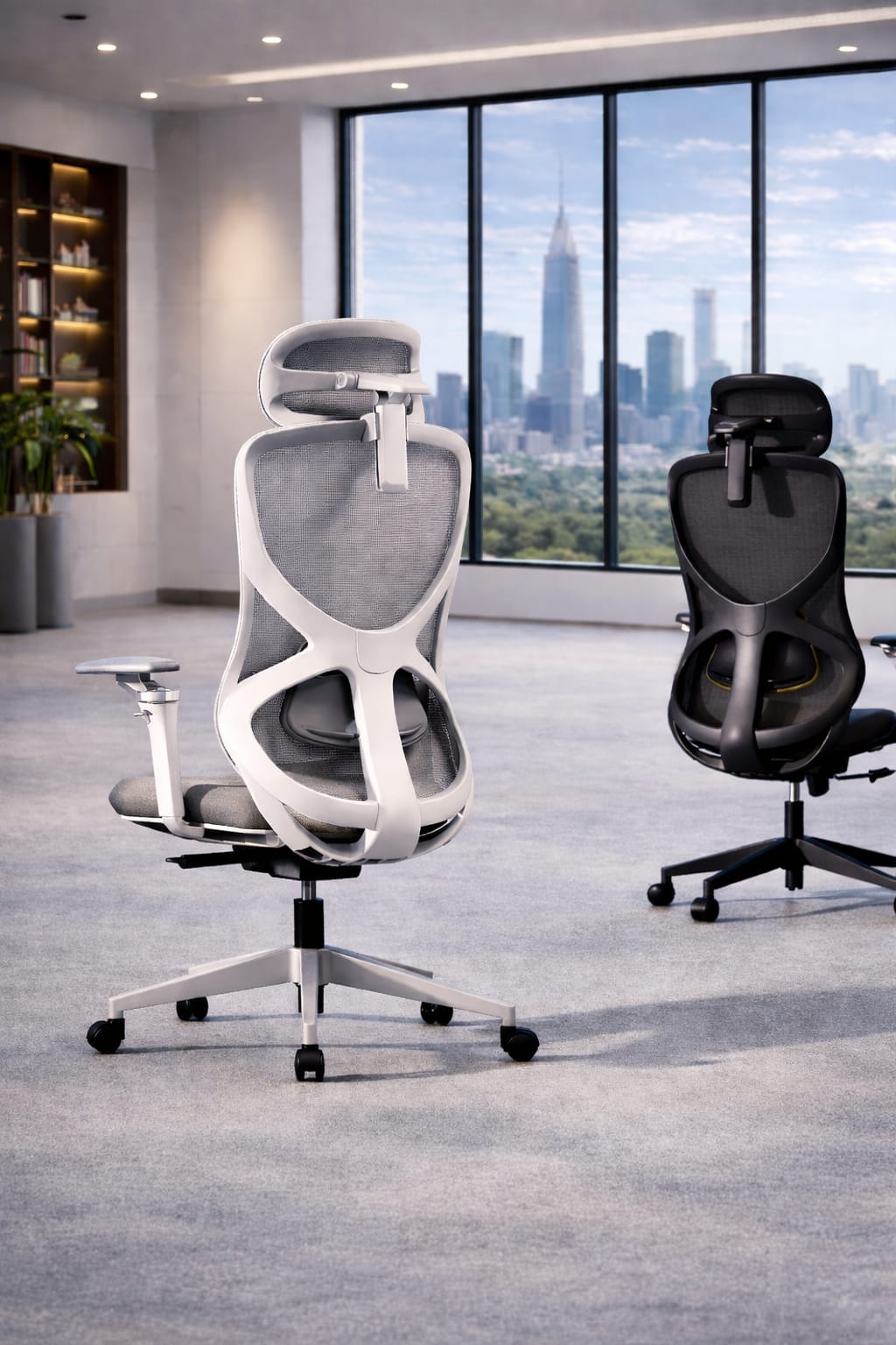 A white mesh task chair with an adjustable headrest in a top-floor office